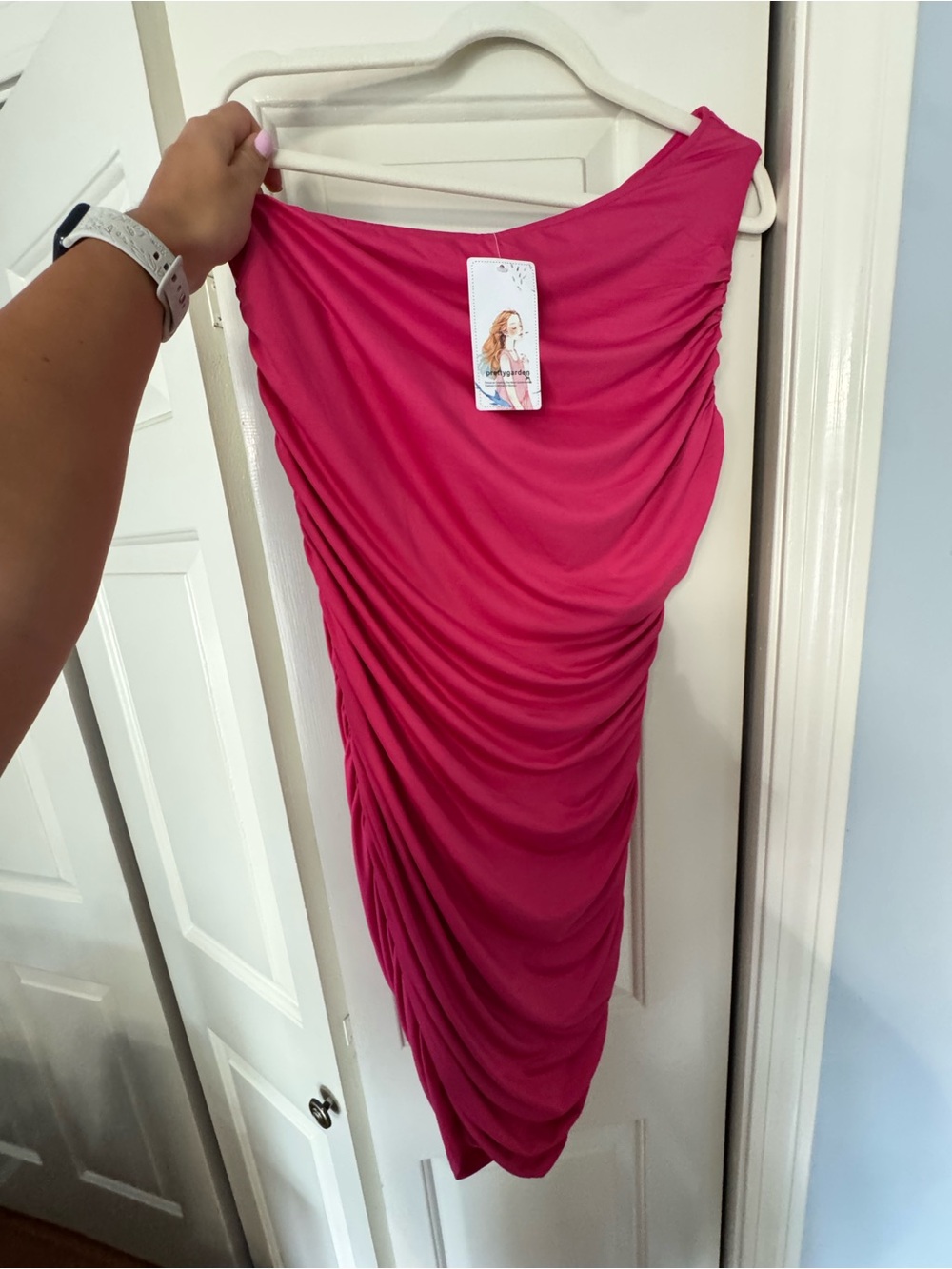 PrettyGarden Hot Pink Ruched One Shoulder Bodycon Midi Dress Large NWT